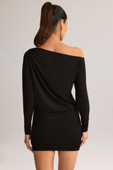 Modal Off-Shoulder Wrap Mini Dress in Black