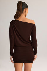 Modal Off-Shoulder Wrap Mini Dress in Chocolate Brown