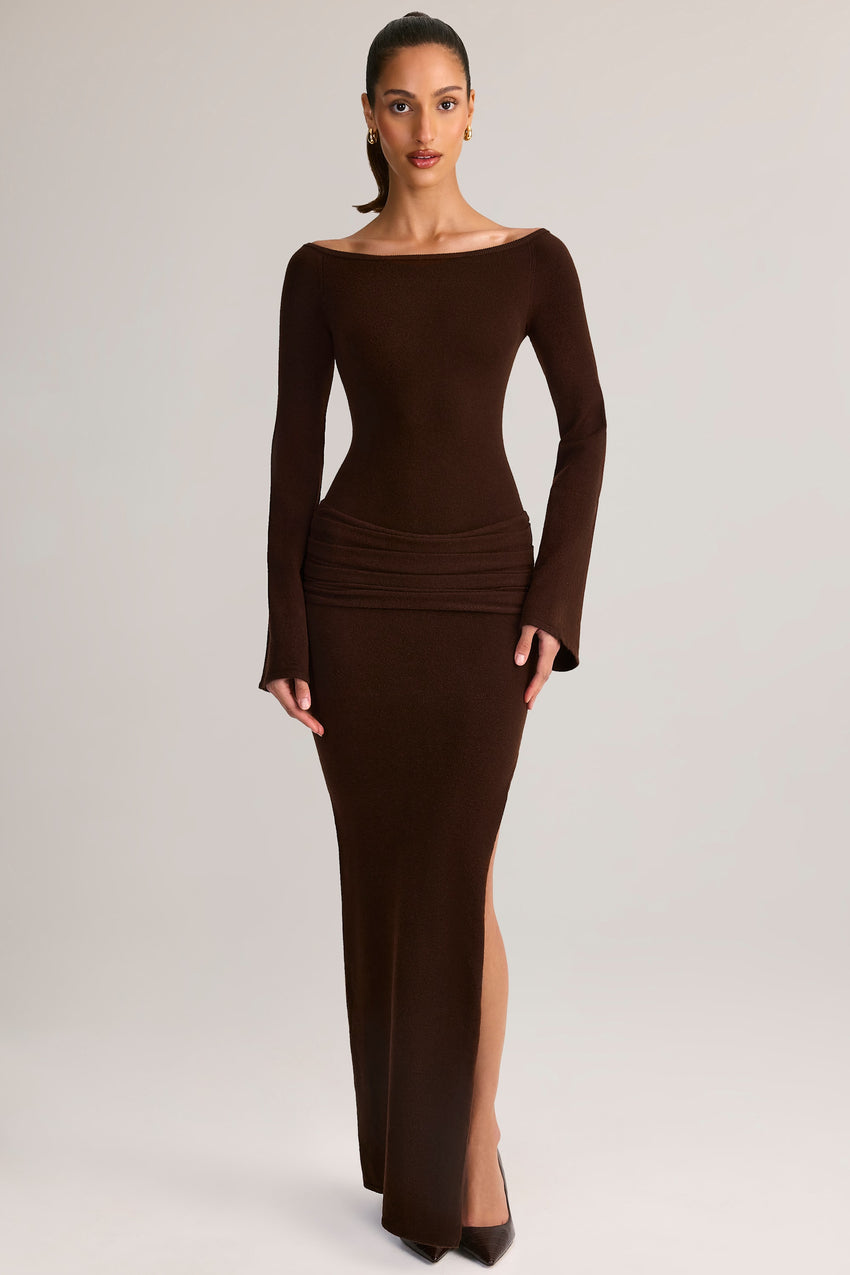 Rib-Knit Boat-Neck Long-Sleeve Maxi Dress in Chocolate Brown