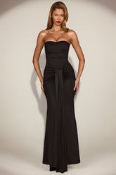 Satin Peekaboo Bandeau Draped Gown in Black