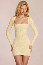Scalloped-Lace Long-Sleeve Mini Dress in Lemon Yellow