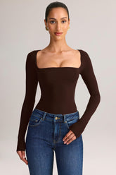 Modal Square-Neck Long-Sleeve Top in Chocolate Brown