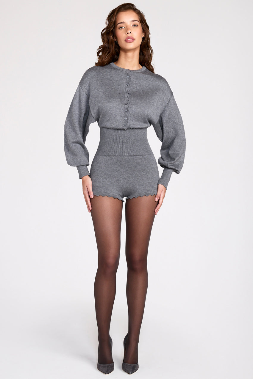 Fine-Knit Long-Sleeve Romper in Grey