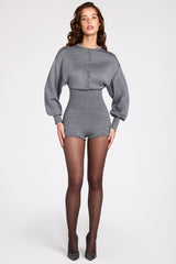 Fine-Knit Long-Sleeve Romper in Grey