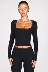 Ribbed Modal Square-Neck Long-Sleeve Top in Black