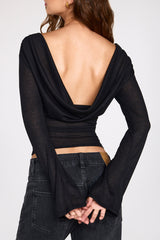 Sheer Jersey Long-Sleeve Backless Top in Black