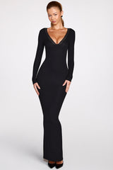 Ribbed Modal Long-Sleeve Plunge Maxi Dress in Black