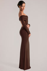 Off-Shoulder Long-Sleeve Maxi Dress in Chocolate Brown