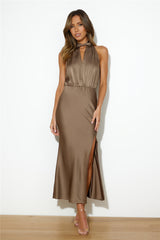 Girl Of The Moment Satin Maxi Dress Brown