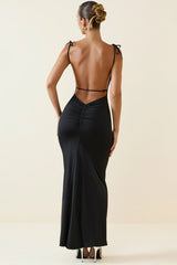 Ruched Backless Maxi Dress in Black
