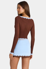 Lace-Trim Cropped Cardigan in Cocoa Brown