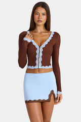 Lace-Trim Cropped Cardigan in Cocoa Brown