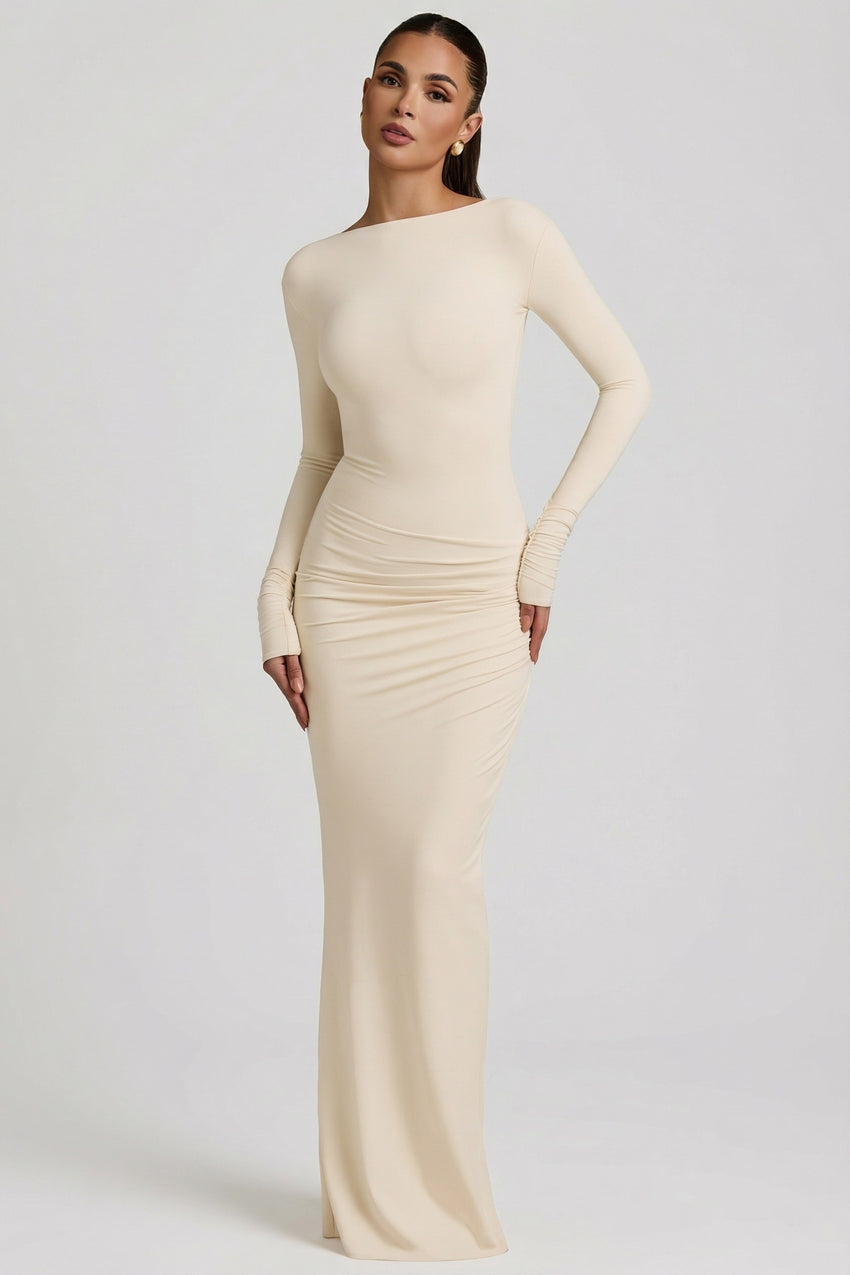Modal Ruched Backless Maxi Dress in Ivory