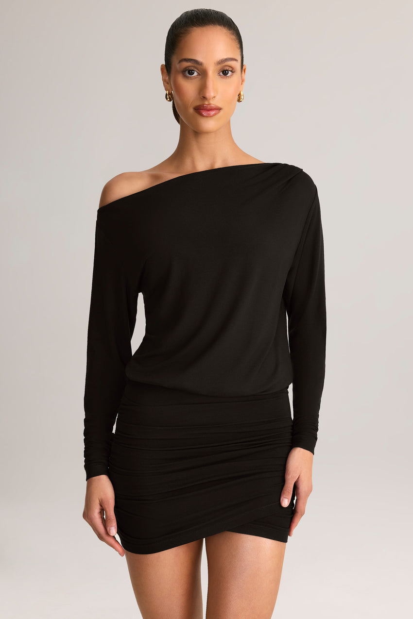 Modal Off-Shoulder Wrap Mini Dress in Black