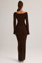Rib-Knit Boat-Neck Long-Sleeve Maxi Dress in Chocolate Brown