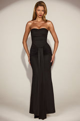 Satin Peekaboo Bandeau Draped Gown in Black