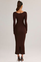 Modal Peekaboo Long-Sleeve Midi Dress in Chocolate Brown