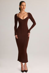Modal Peekaboo Long-Sleeve Midi Dress in Chocolate Brown