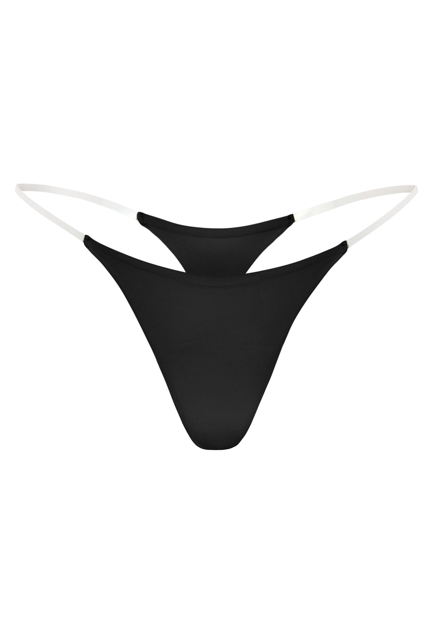 Seamless Knit Clear Strap Thong in Black