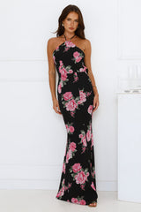 Blossom Beauty Halter Maxi Dress Black
