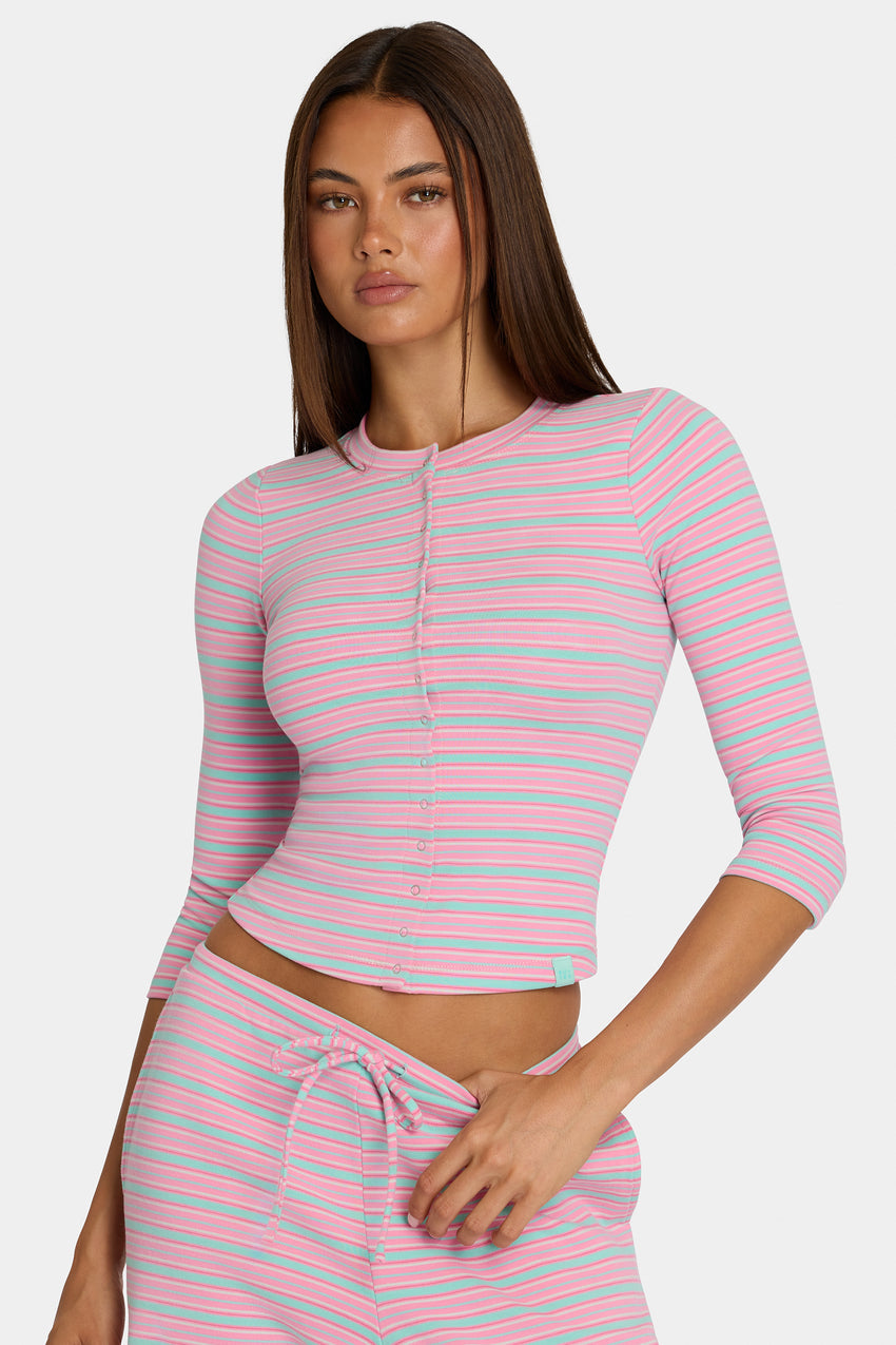 Brushed Jersey Crewneck Cardigan in Multi Stripe