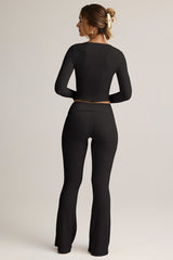 Modal Ribbed Foldover Flared Trousers in Black