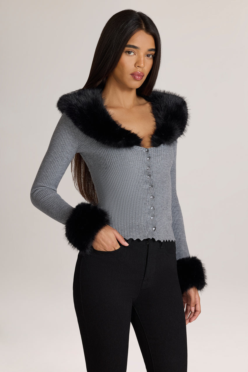 Knit Faux-Fur-Trim Cardigan in Charcoal Grey