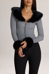 Knit Faux-Fur-Trim Cardigan in Charcoal Grey