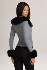 Knit Faux-Fur-Trim Cardigan in Charcoal Grey