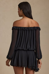 Off-Shoulder Asymmetric Balloon-Sleeve Mini Dress in Black